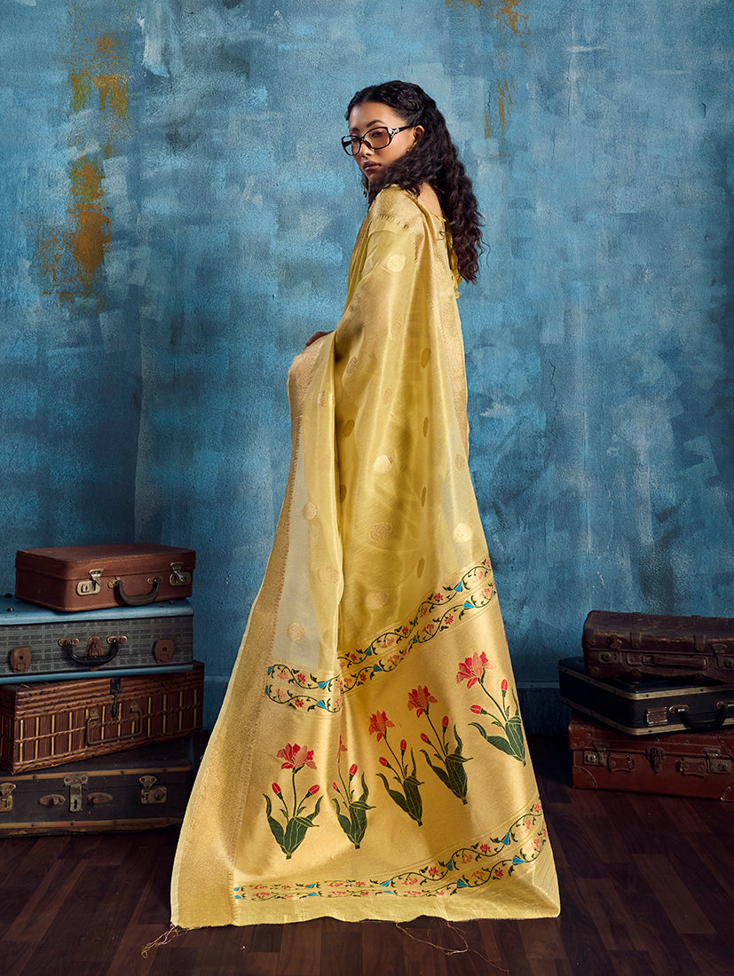 Mustard Paithani Tissue Handloom Saree with Zari Border