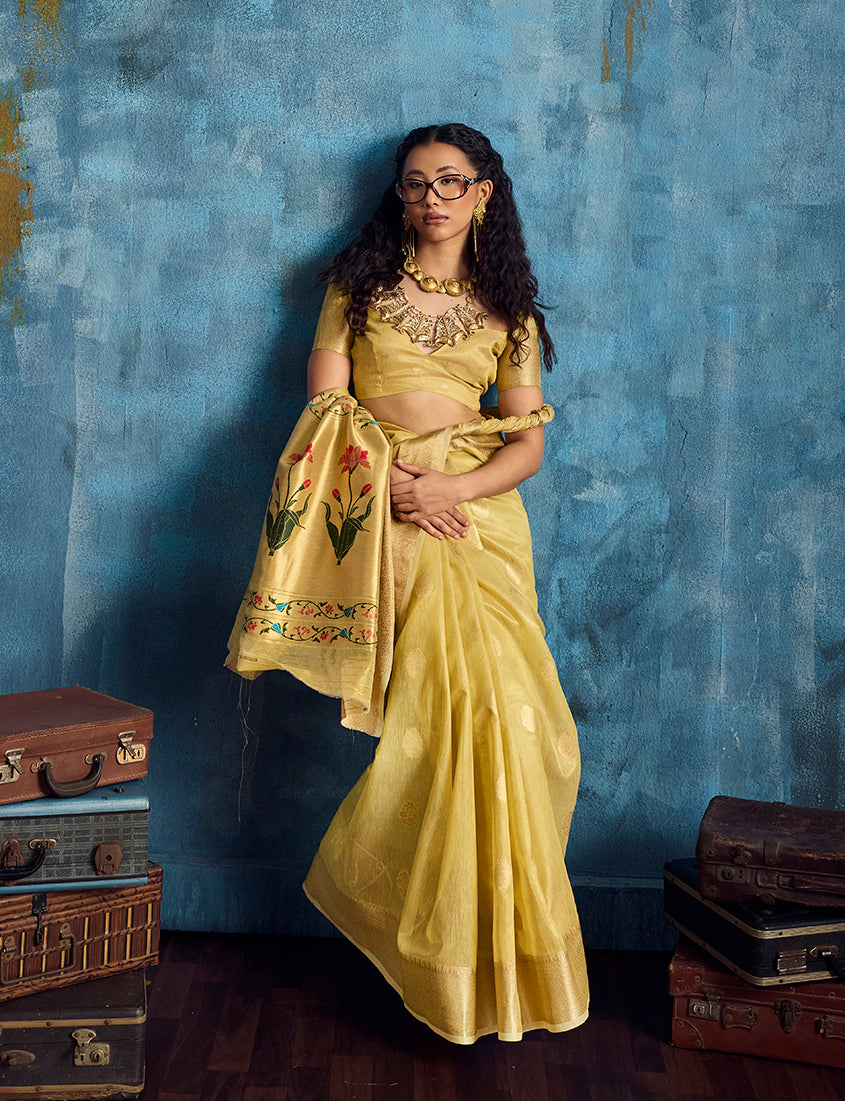 Mustard Paithani Tissue Handloom Saree with Zari Border