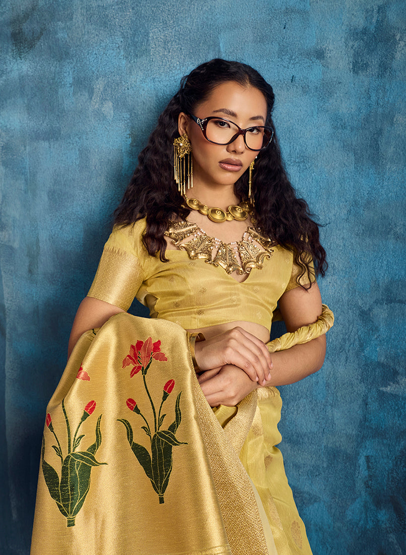 Mustard Paithani Tissue Handloom Saree with Zari Border