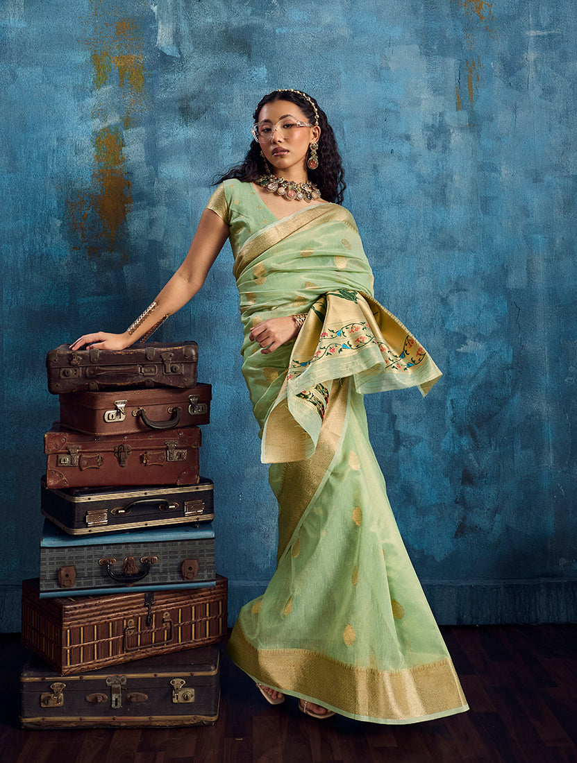 Pastel Green Paithani Tissue Handloom Weaving Saree