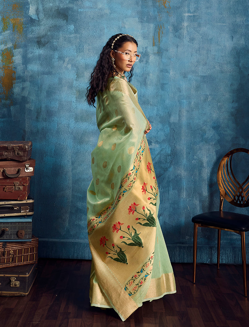 Pastel Green Paithani Tissue Handloom Weaving Saree