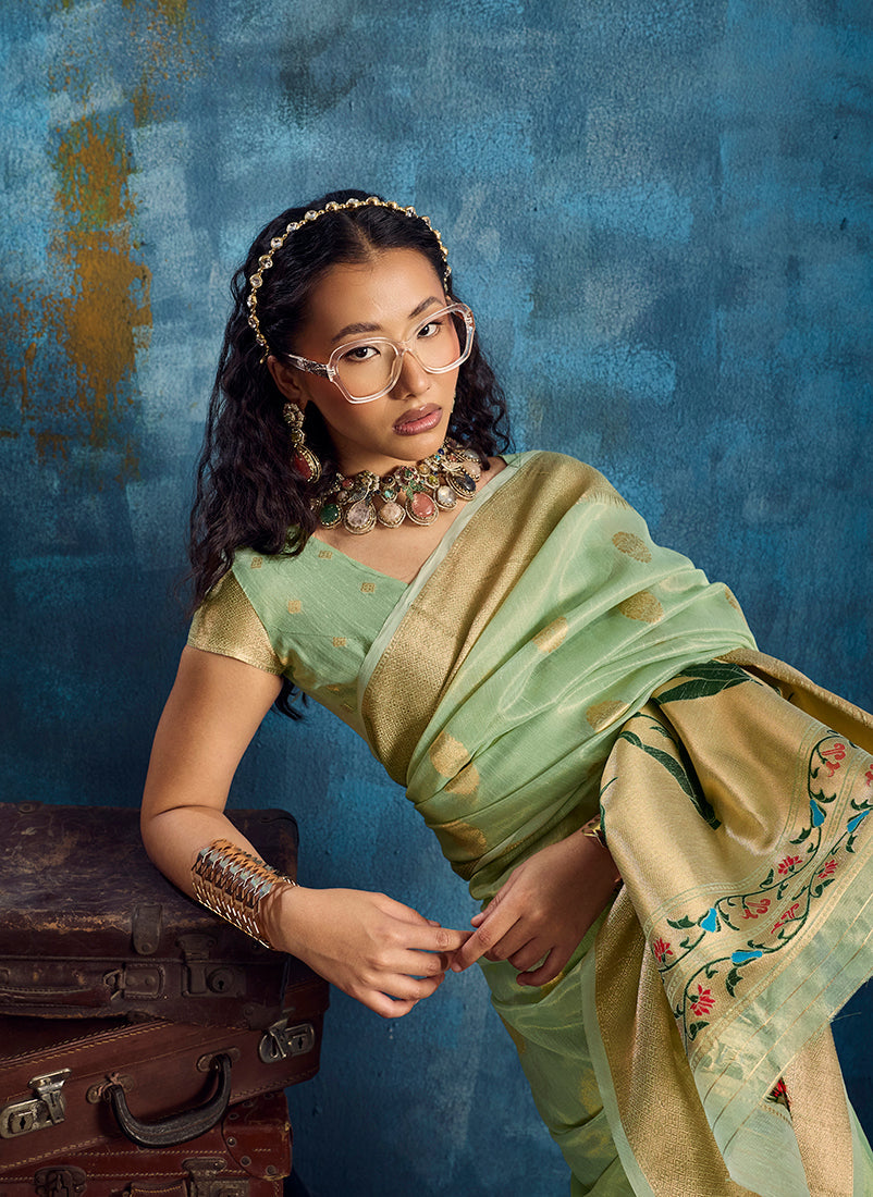 Pastel Green Paithani Tissue Handloom Weaving Saree