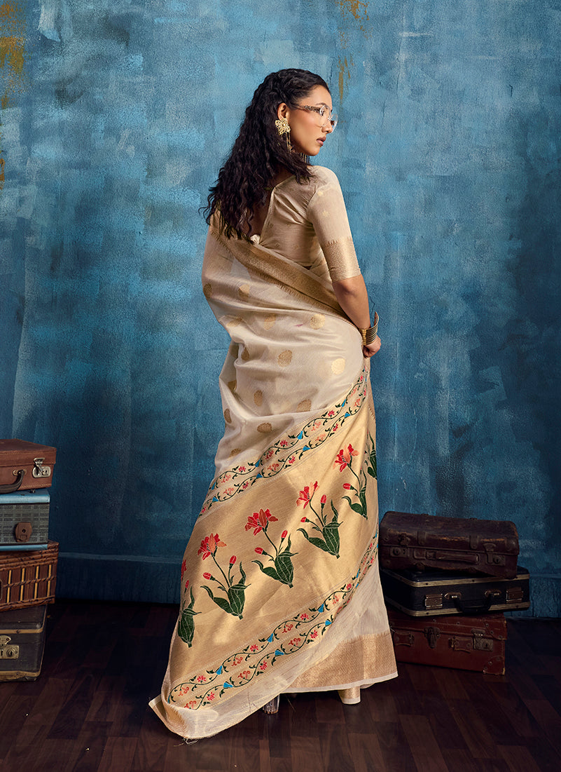 Off White Paithani Tissue Handloom Saree With Zari Border