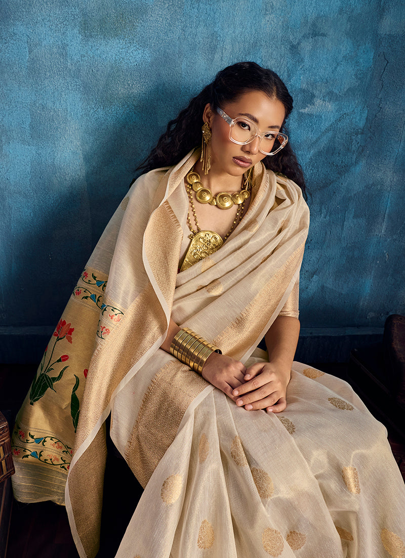 Off White Paithani Tissue Handloom Saree With Zari Border