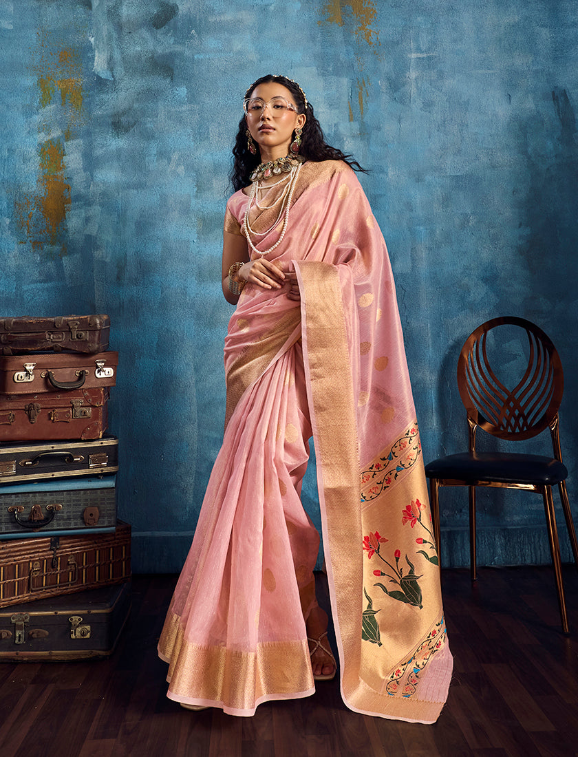 Pink Paithani tissue handloom saree with gold zari border work