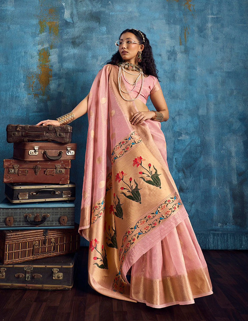 Pink Paithani Tissue Handloom Saree With Zari Border Work