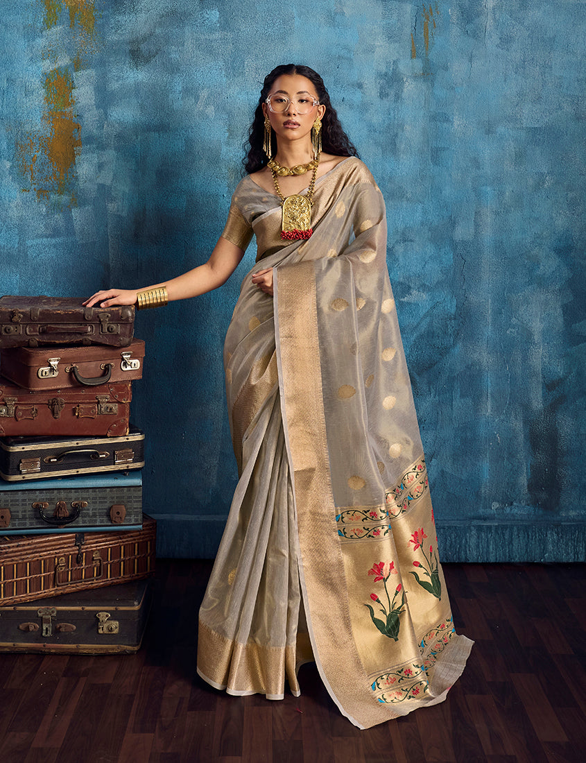 Grey Paithani tissue handloom saree with intricate gold Zari border detailing