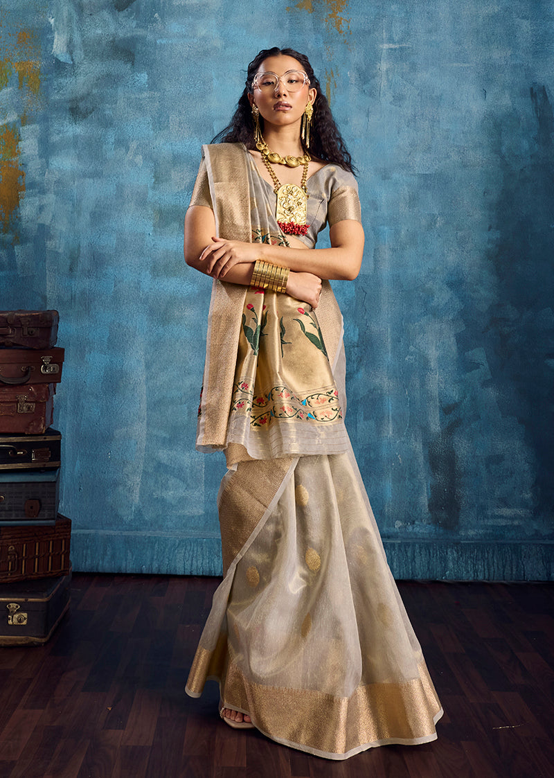 Grey Paithani Tissue Handloom Weaving Saree with Zari Border