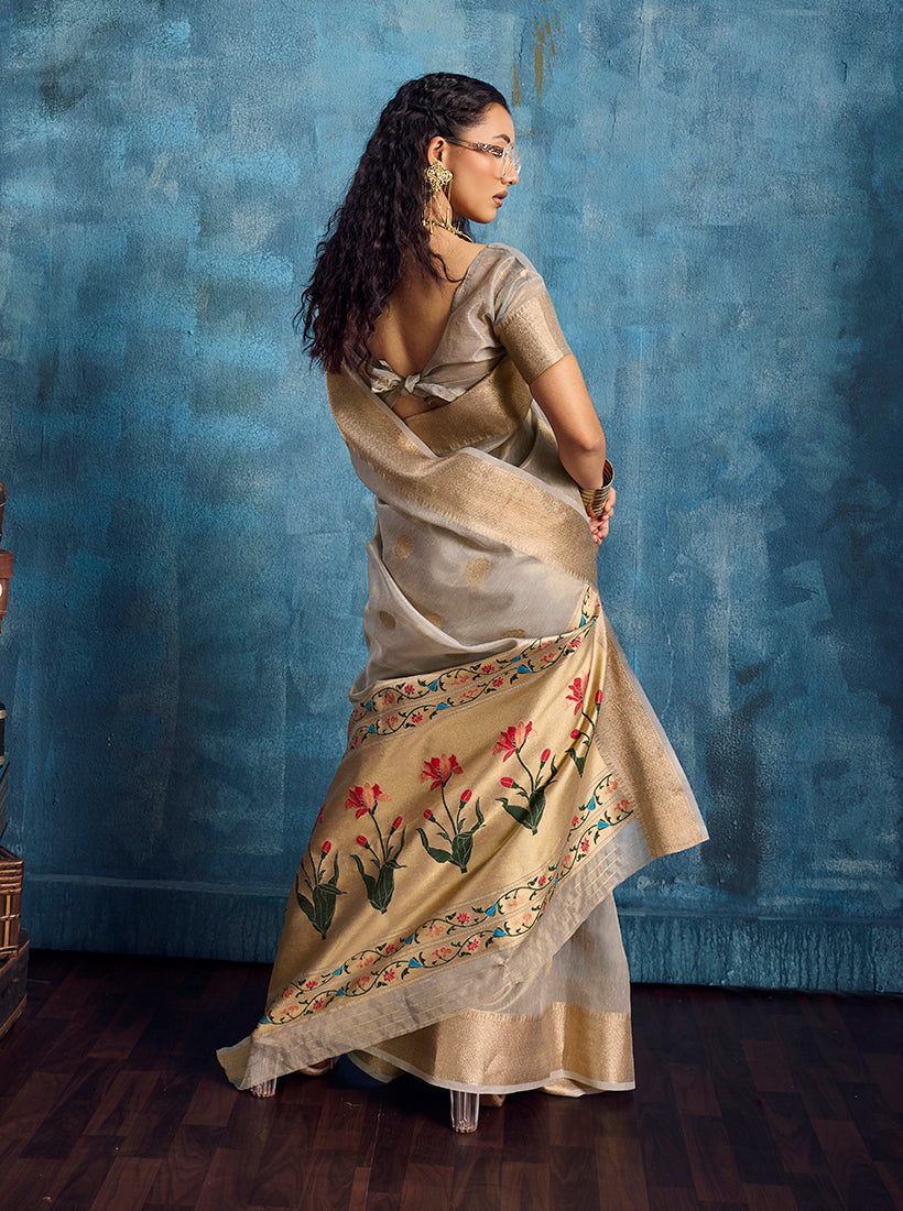 Grey Paithani Tissue Handloom Weaving Saree with Zari Border