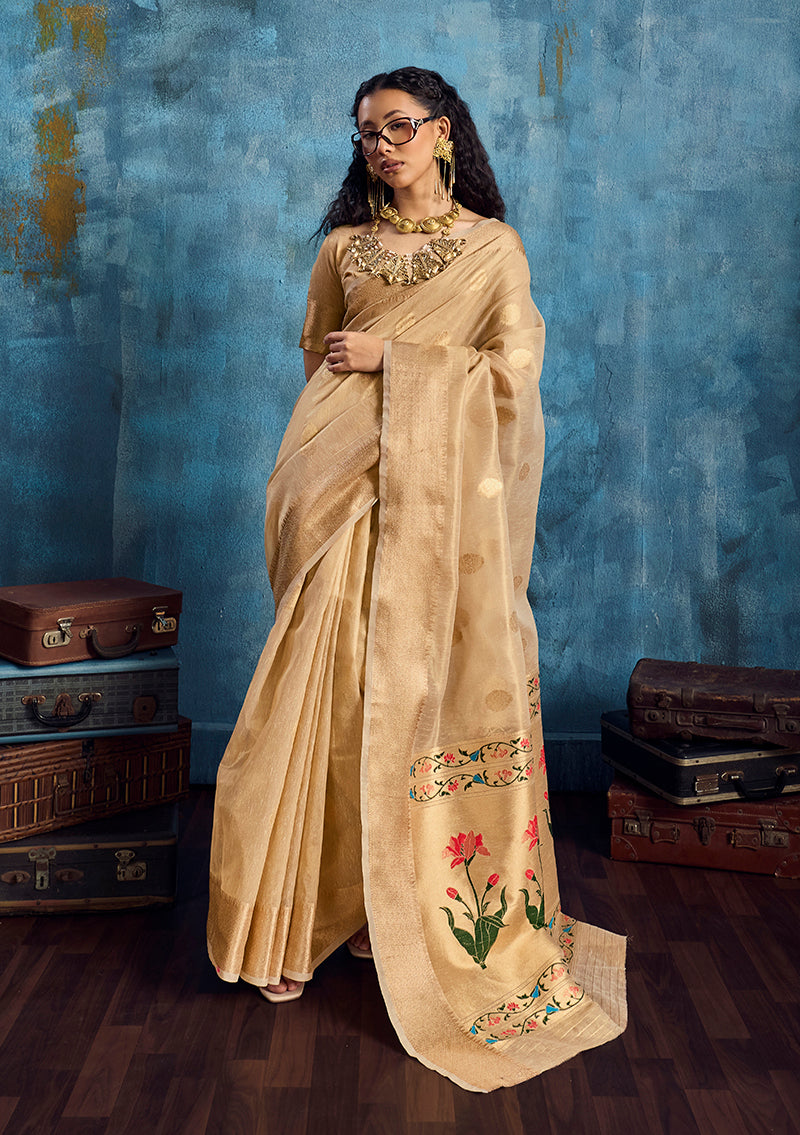 Elegant beige Paithani tissue handloom saree with detailed zari border work