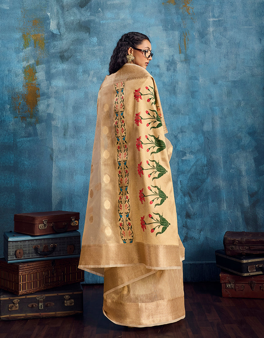 Beige Paithani Tissue Handloom Weaving Saree With Zari Border