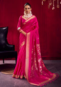 Rani Pink Satin Linen Silk saree with gold zari butis and temple border