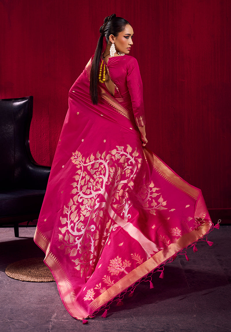 Rani Pink Satin Linen Silk Saree with Zari Temple Border