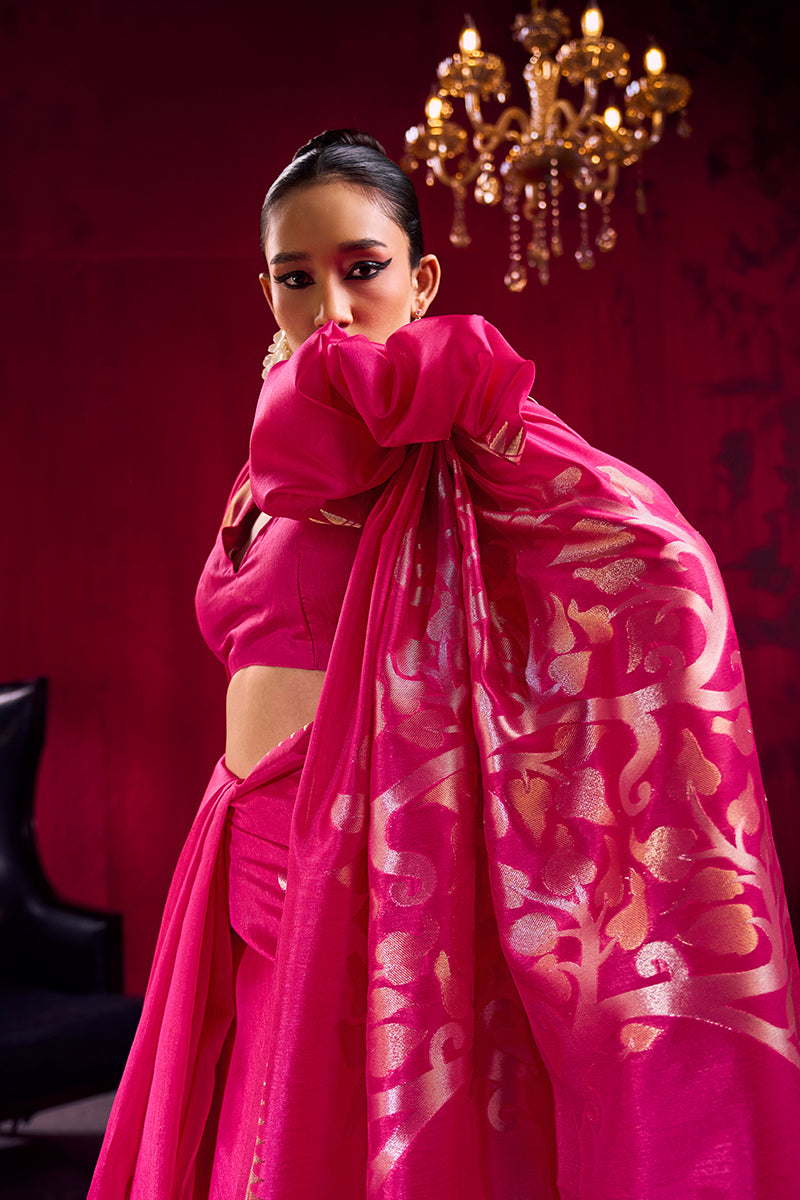 Rani Pink Satin Linen Silk Saree with Zari Temple Border