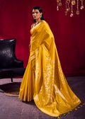 Mustard satin linen silk saree with gold zari temple border and tassels