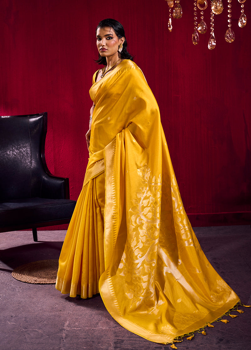 Mustard satin linen silk saree with gold zari temple border and tassels
