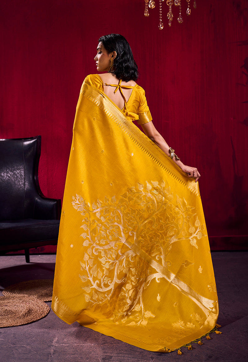 Mustard Satin Linen Silk Saree with Zari Temple Border