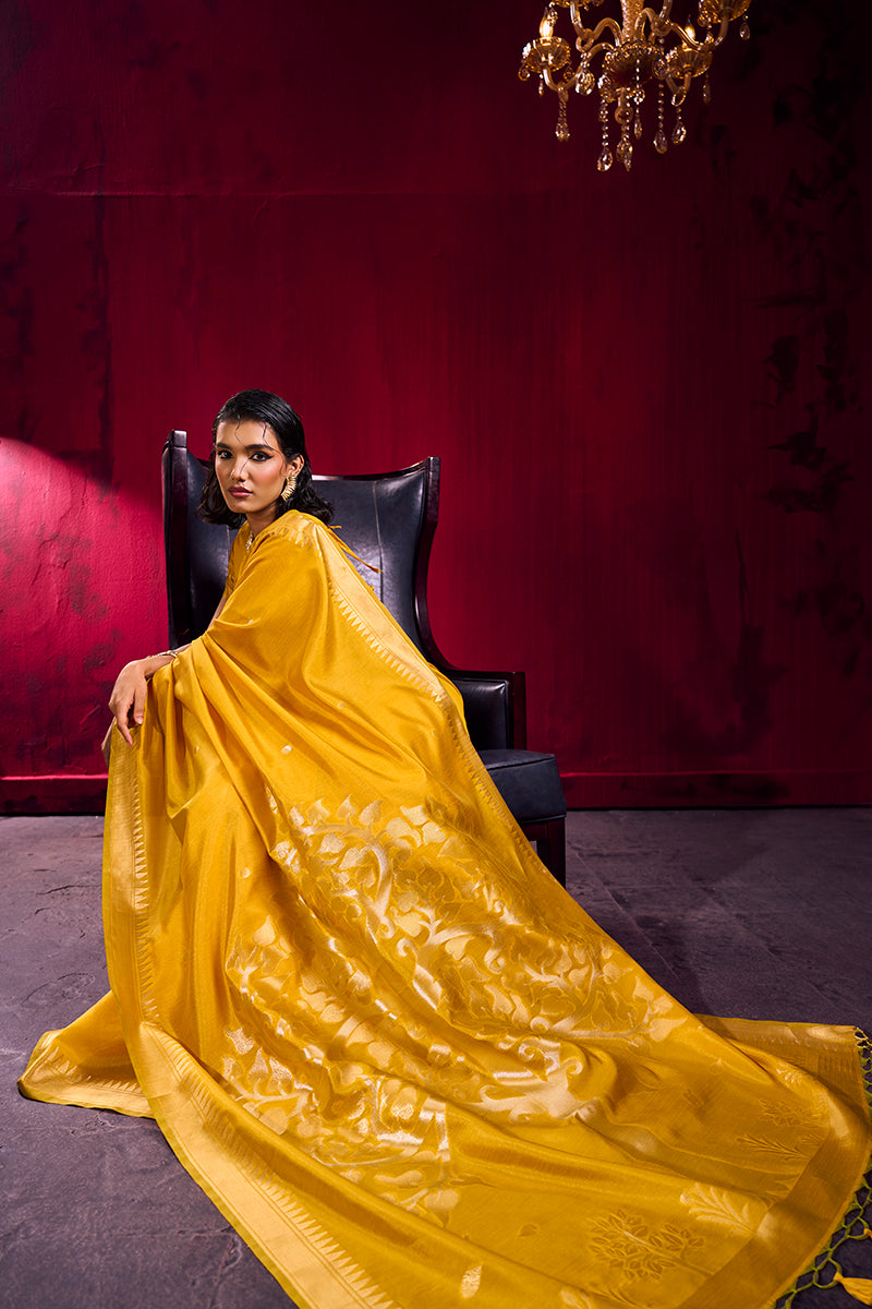 Mustard Satin Linen Silk Saree with Zari Temple Border