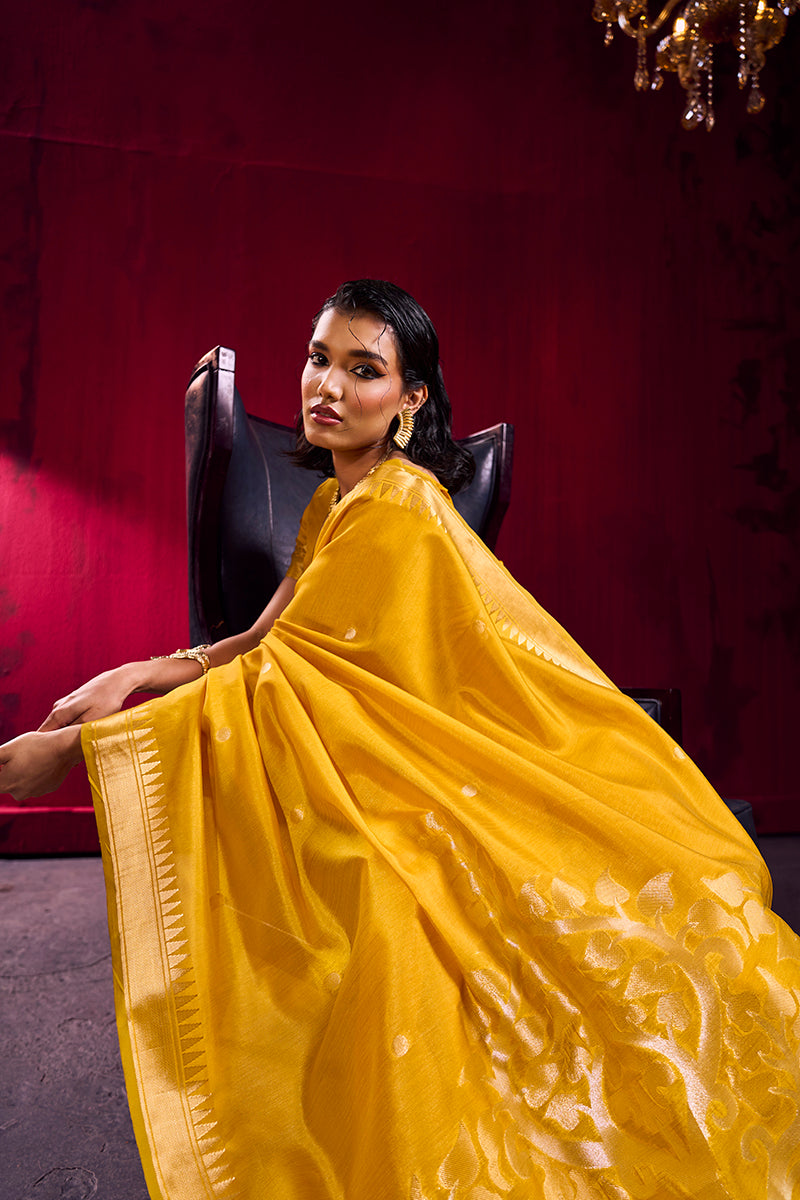 Mustard Satin Linen Silk Saree with Zari Temple Border