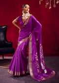 Purple satin linen silk saree with gold floral pallu and zari temple border