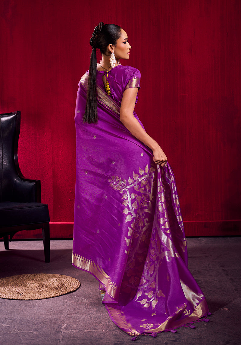 Purple Satin Linen Silk Saree with Gold Zari Temple Border