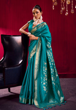 Teal satin linen silk saree with gold zari motifs and temple border