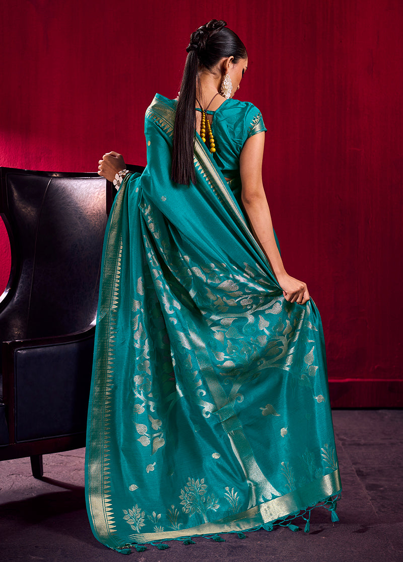 Teal Satin Linen Silk Saree with Woven Zari Border