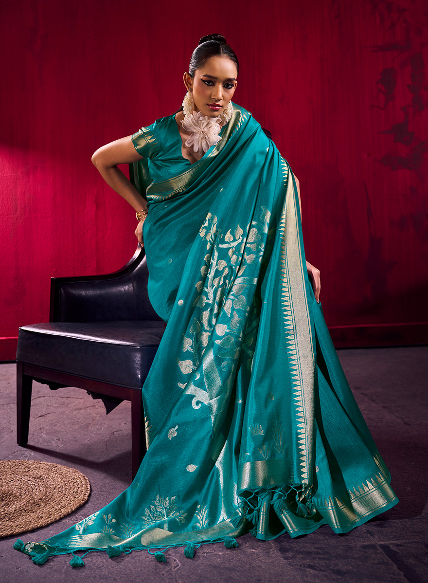 Teal Satin Linen Silk Saree with Woven Zari Border