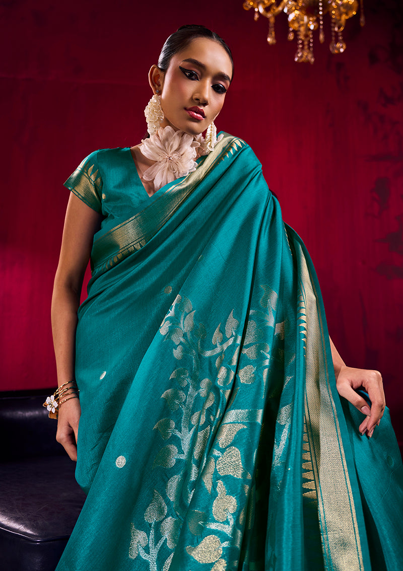 Teal Satin Linen Silk Saree with Woven Zari Border