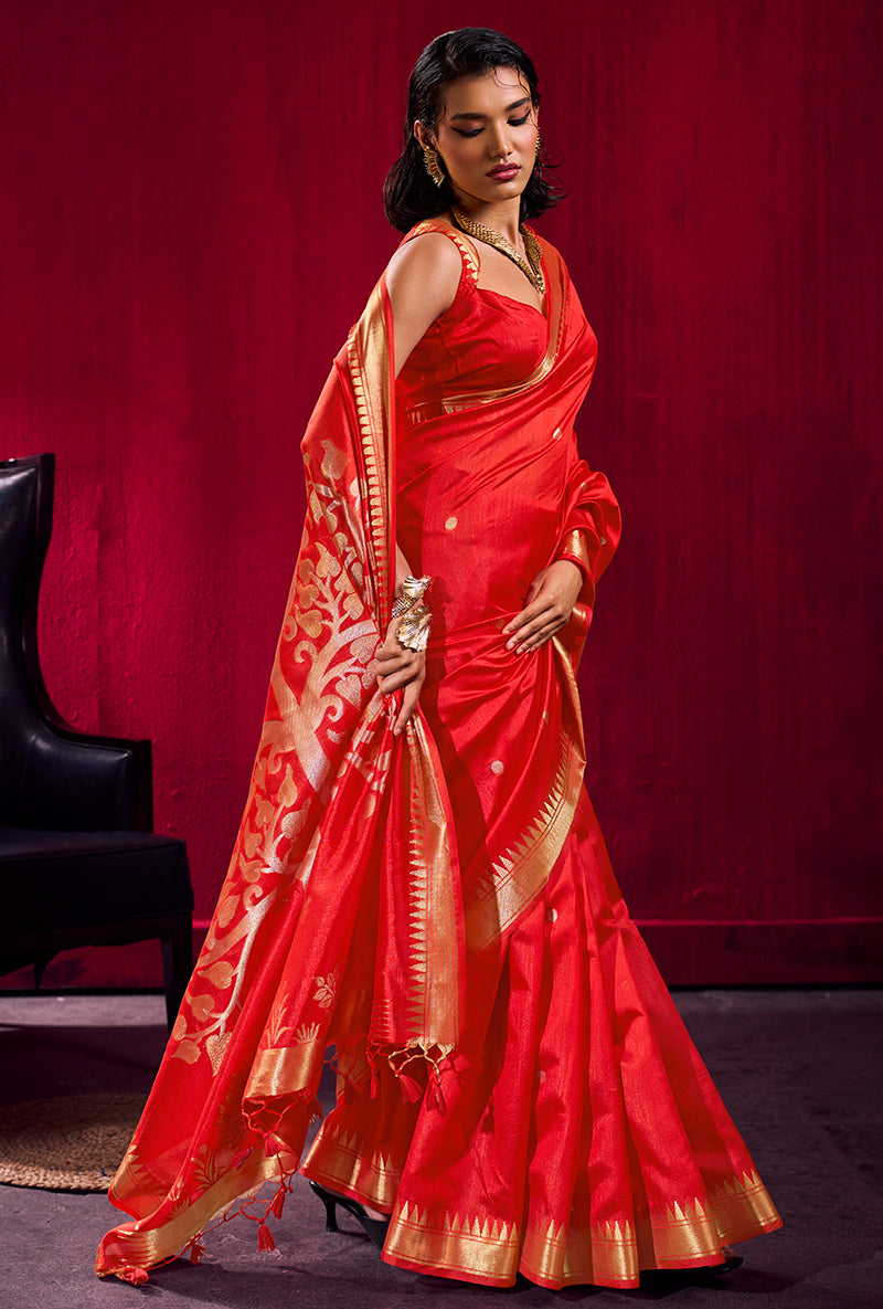 Red Satin Linen Silk Saree with Woven Gold Motifs