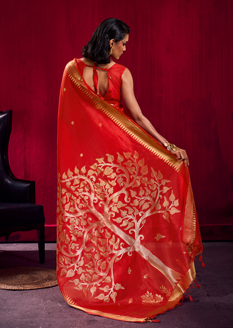 Red Satin Linen Silk Saree with Woven Gold Motifs