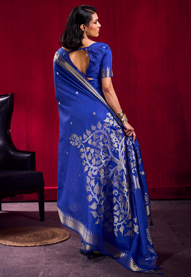 Royal Blue Satin Linen Silk Saree with Gold Woven Zari Border