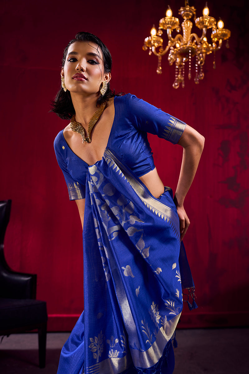 Royal Blue Satin Linen Silk Saree with Gold Woven Zari Border