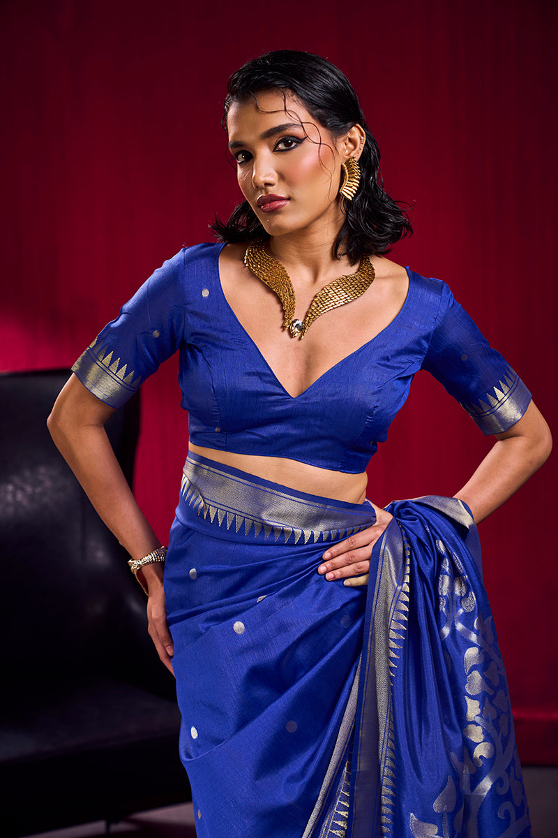 Royal Blue Satin Linen Silk Saree with Gold Woven Zari Border