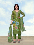 A woman wearing a Mehendi Green Simar Kurta set with floral print, paired with matching pants and a dupatta.