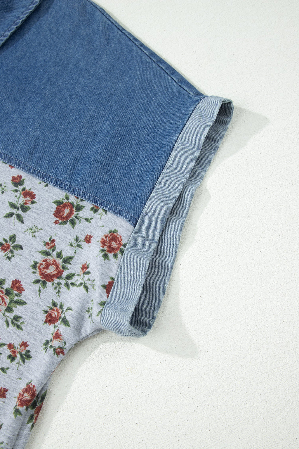 Karla Patchwork Polo Tee with Floral Print in Blue and Grey