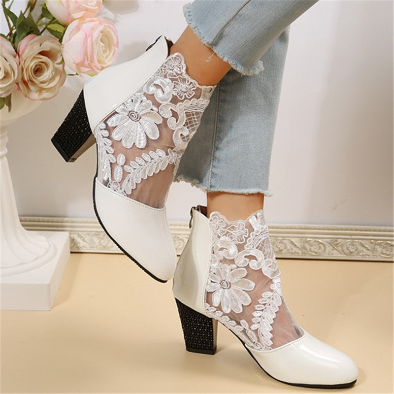Women’s Lace-Embroidered Mesh Chunky Heel Ankle Boots in Black