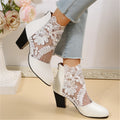 Women’s Lace-Embroidered Mesh Chunky Heel Ankle Boots in Black