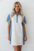 Colorblock Denim Patchwork Polo Collar Tunic Dress