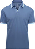 Men wearing a performance jacquard moisture-wicking golf polo with V-neck detail