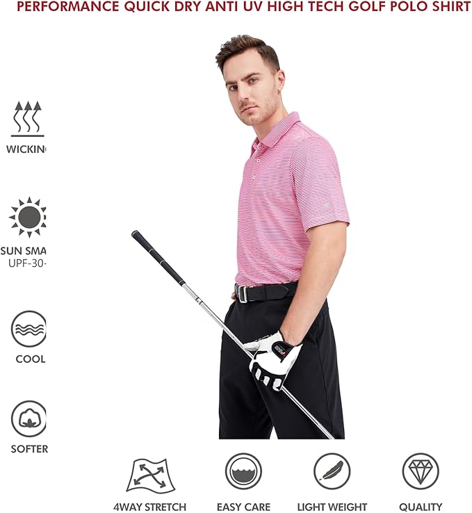 Men's Striped Performance Golf Polo Shirt Moisture Wicking Dry Fit
