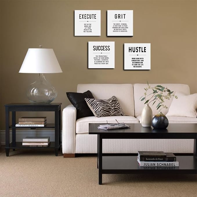 Motivational Grit Success Execute Hustle White Quotes Canvas Wall Art -Inspirational Wall Art Poster Canvas Artwork Picture Print Framed for Home Bedroom-12 x12 x4pcs