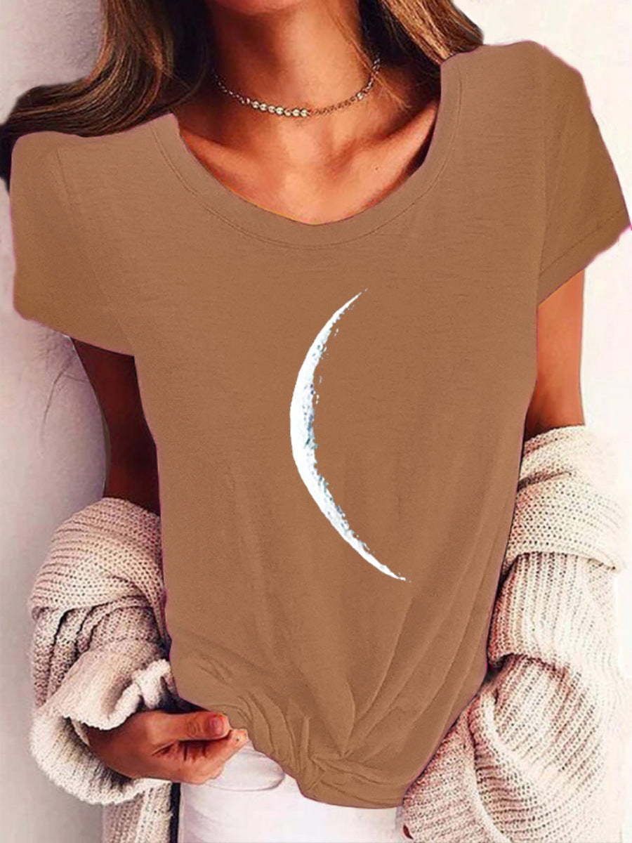 Women Short Sleeve Crescent Moon Print T-Shirt Casual Wide Neck - Image 8