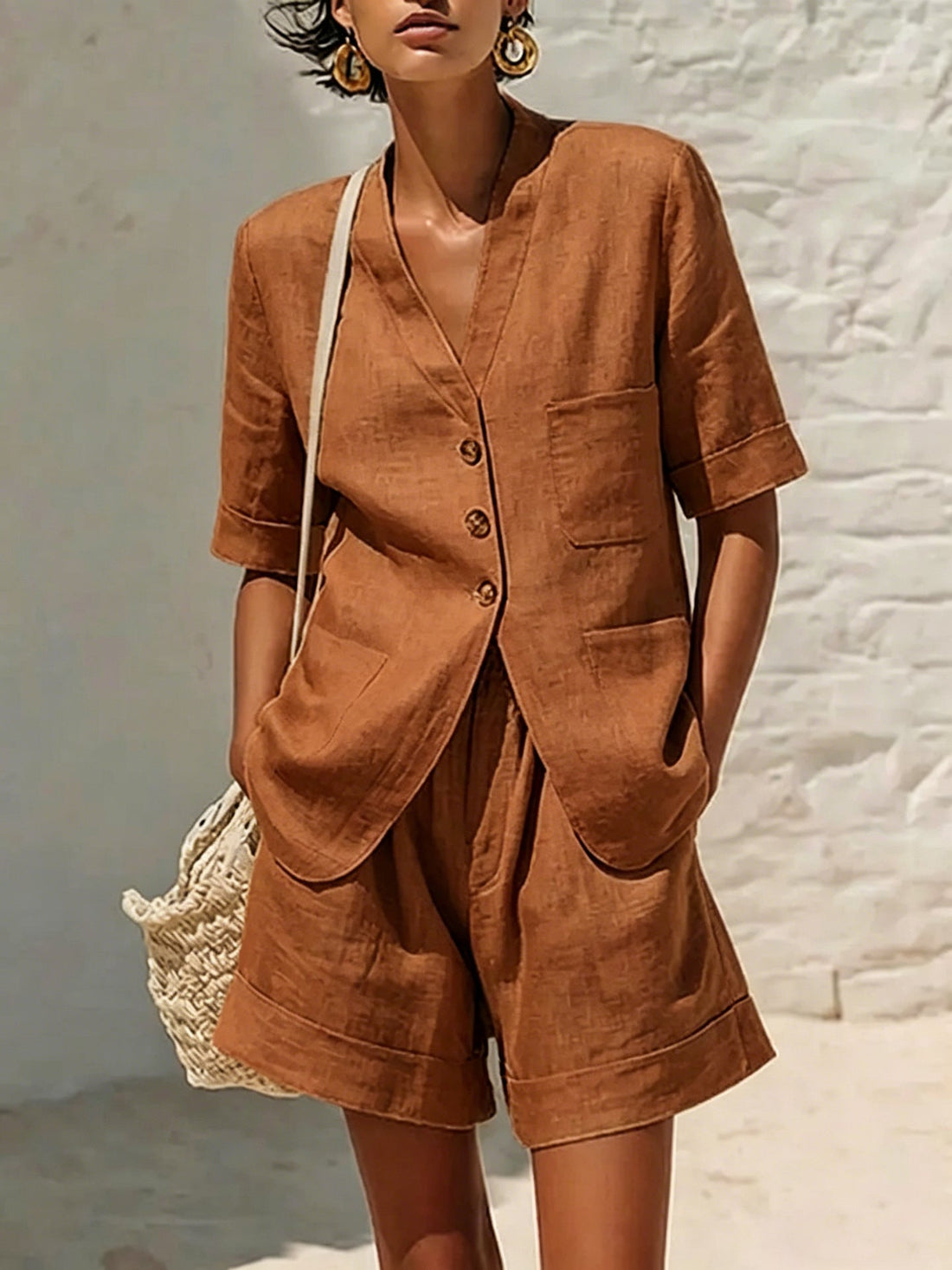 Women's Cotton-Linen Button-Down Top and Relaxed Shorts Set - Image 6