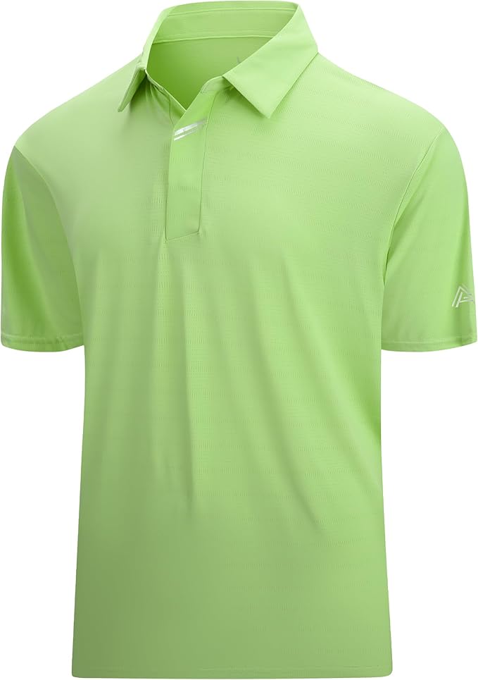 Close up of men's performance jacquard golf polo with hidden placket and moisture-wicking fabric.