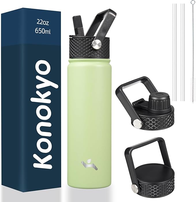 22oz Stainless Steel Bottles with 3 Lids Sport Insulated Water Bottle,Macaron Green