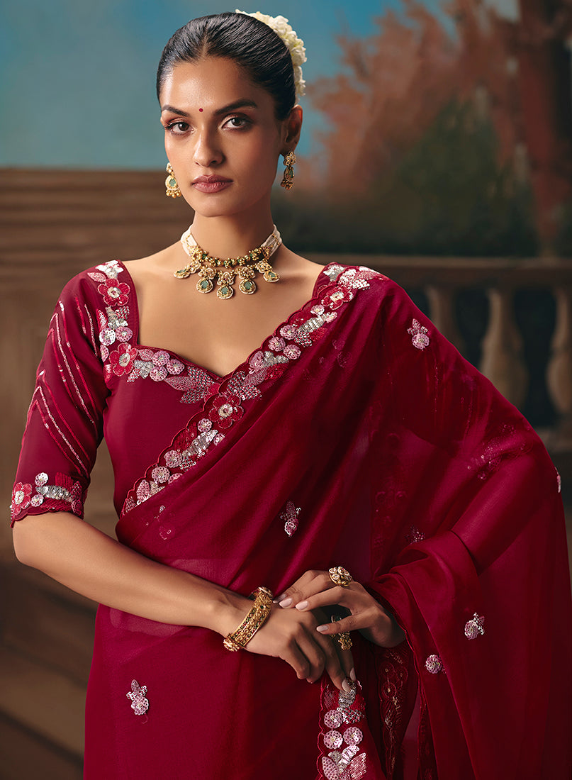 Maroon Fancy Fabric Saree with Intricate Embroidery