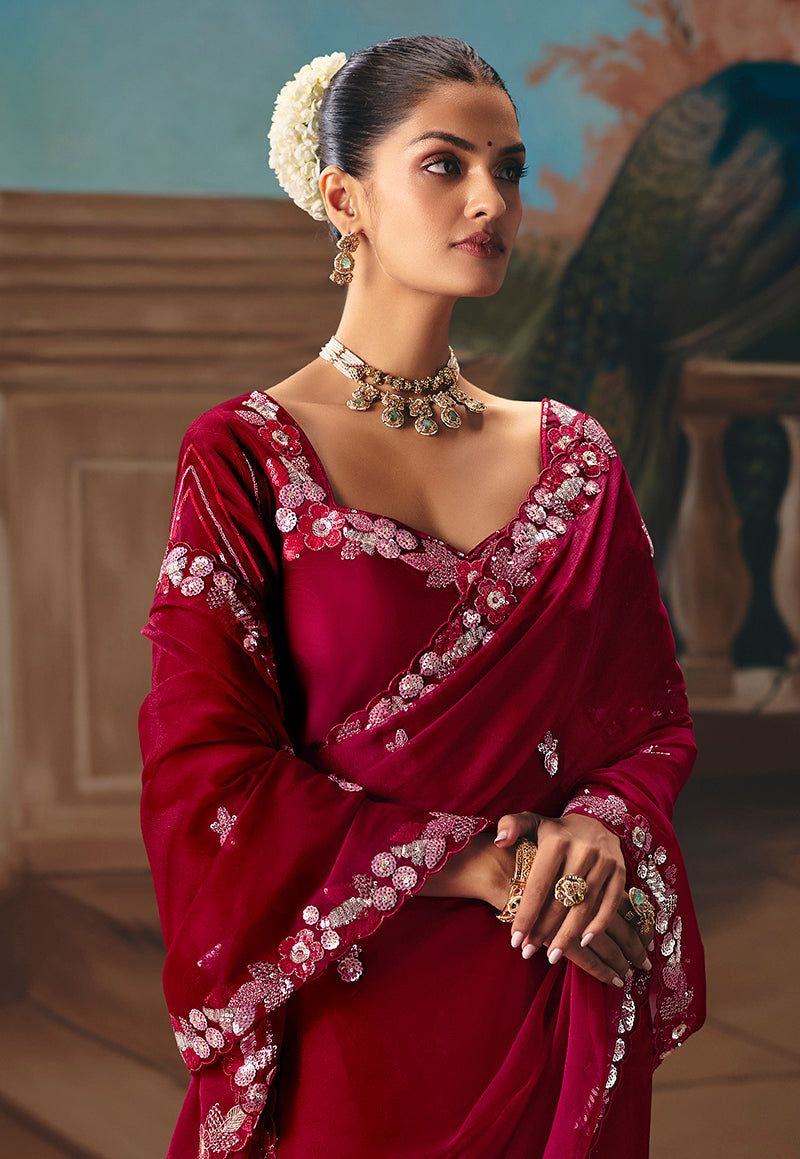 Maroon Fancy Fabric Saree with Intricate Embroidery