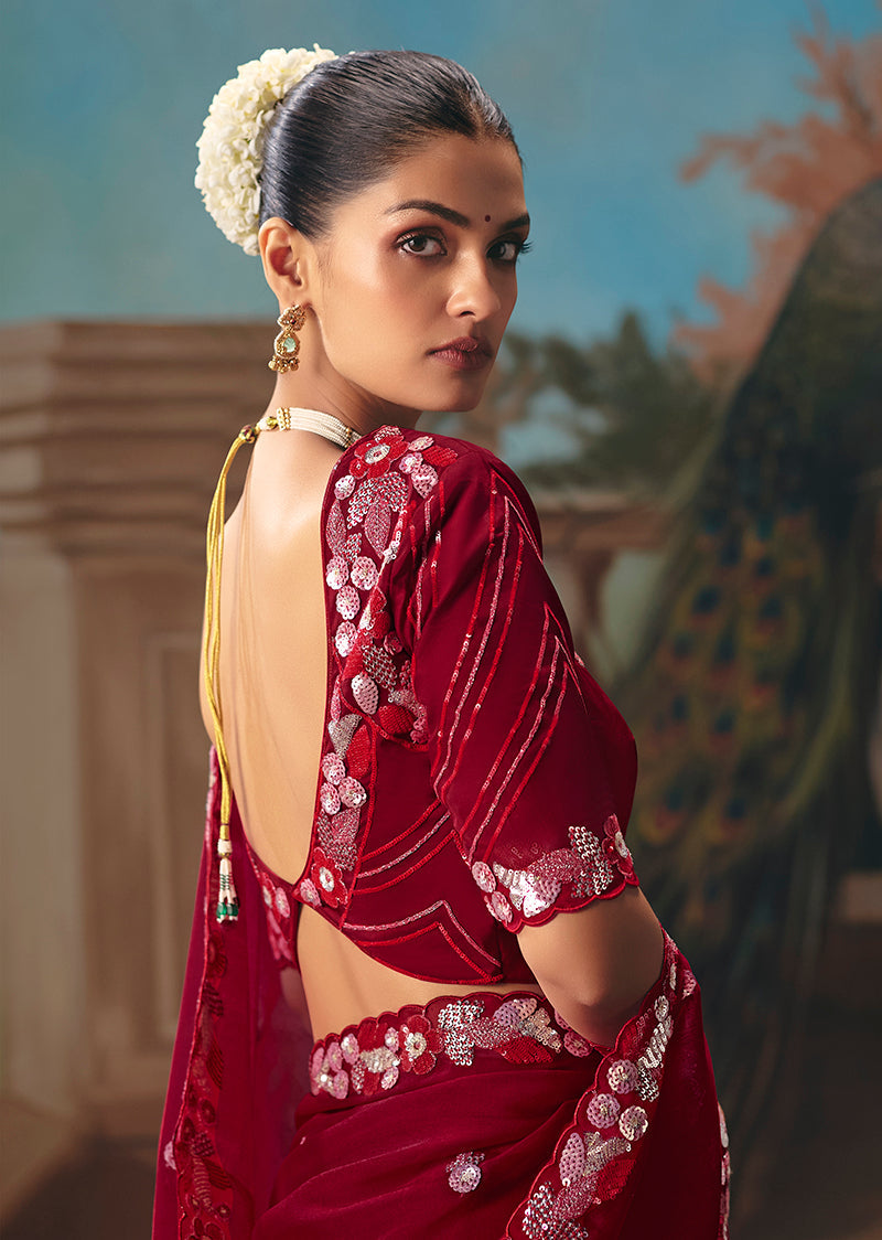 Maroon Fancy Fabric Saree with Intricate Embroidery