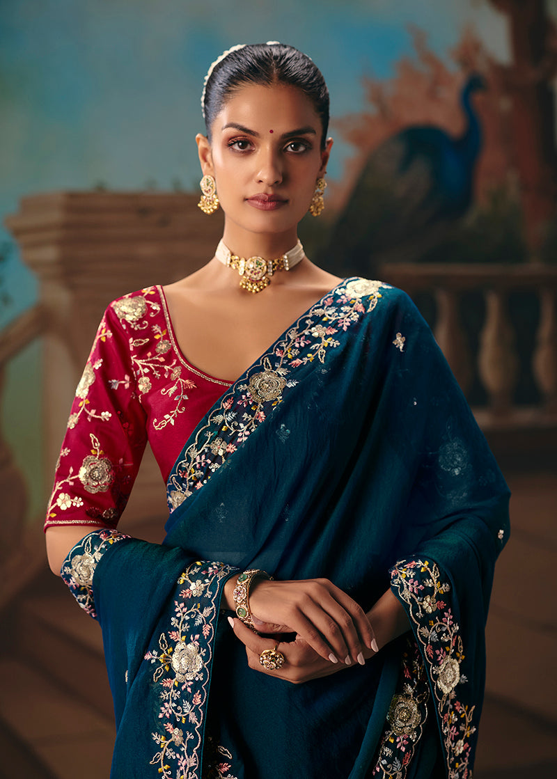 Teal Blue Fancy Fabric Saree with Elegant Embroidered Work